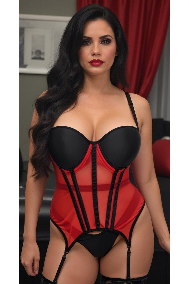 Daisy Corsets Lavish Red/Black Mesh Underwire Bustier Corset w/Garters in Red 