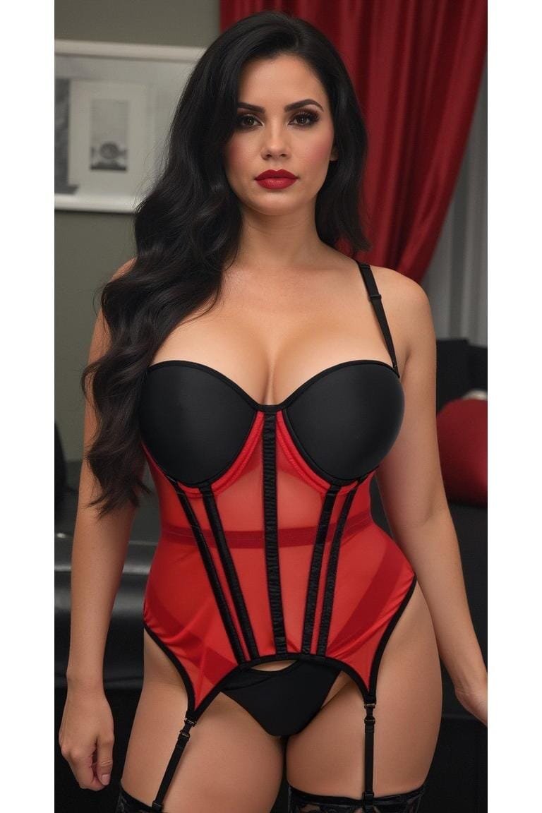 Daisy Corsets Lavish Red/Black Mesh Underwire Bustier Corset w/Garters in Red 