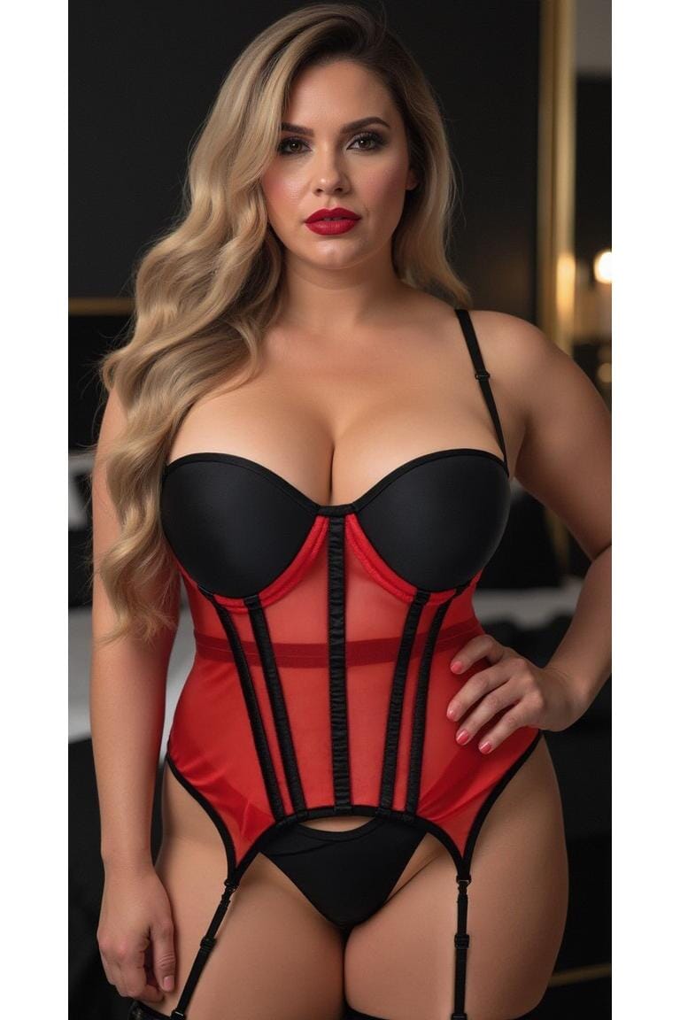 Daisy Corsets Lavish Red/Black Mesh Underwire Bustier Corset w/Garters in Red 