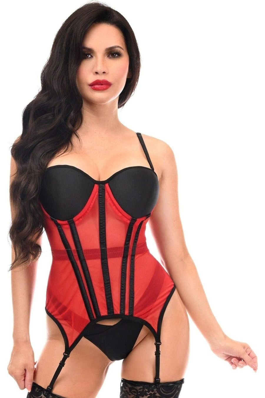 Daisy Corsets Lavish Red/Black Mesh Underwire Bustier Corset w/Garters in Red 