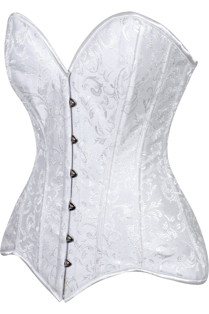 Lavish White Brocade Overbust Corset W/Busk Closure