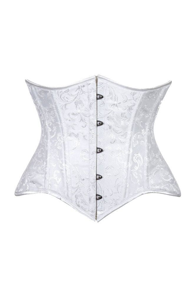 Lavish White Brocade Waist Cincher Under Bust Corset w/Front Busk Closure
