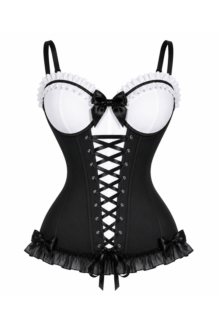 Lavish Wonderland Tea Party Corset – Black & White Lace-Up Bustier for Halloween