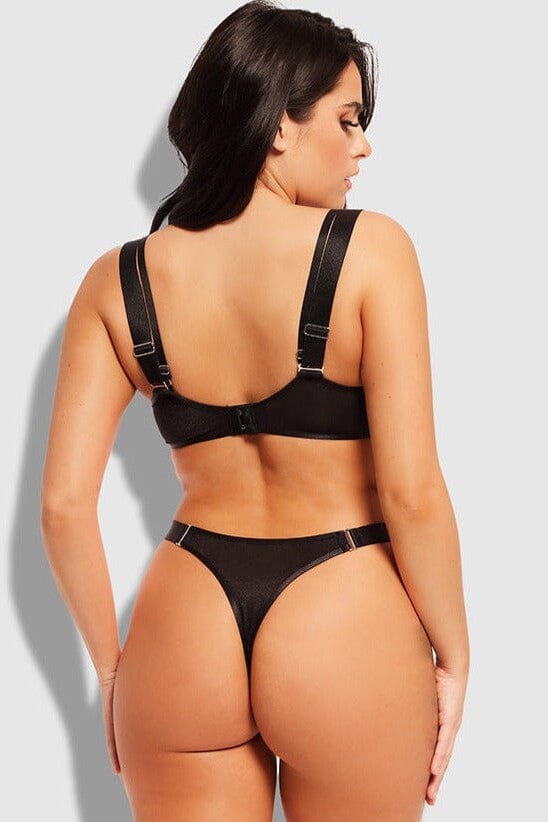 House of Desire Layered Bra & Elastic Side Mesh Thong in Black 