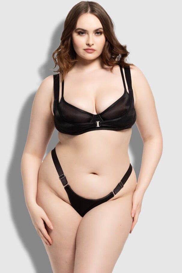 House of Desire Layered Bra & Elastic Side Mesh Thong in Black 