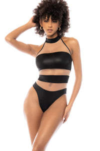 Mapale Leather Effect Fabric Panels Bodysuit in Black  from SexyShoes.com