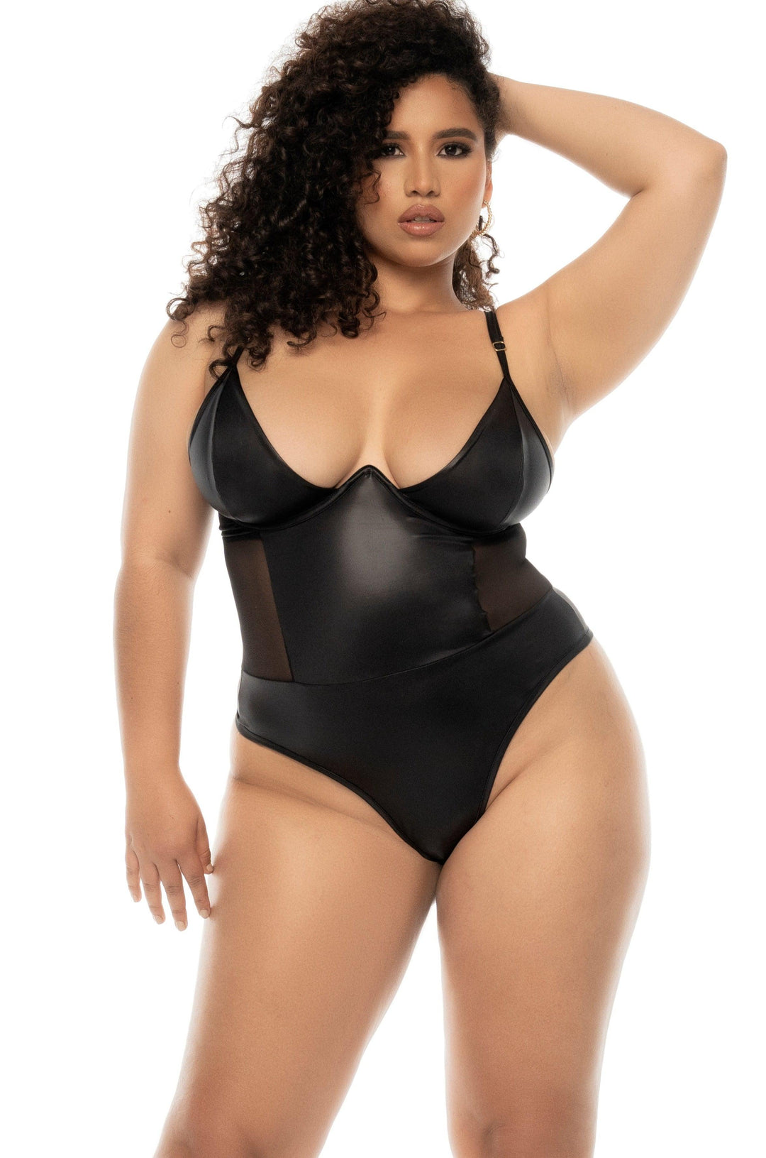 Leather-Effect Fabric with Transparent Tulle Bodysuit | Plus Size - SEXYSHOES.COM