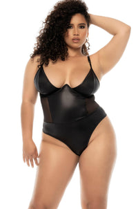 Mapale Leather Effect Fabric with Transparent Tulle Bodysuit in Black  from SexyShoes.com