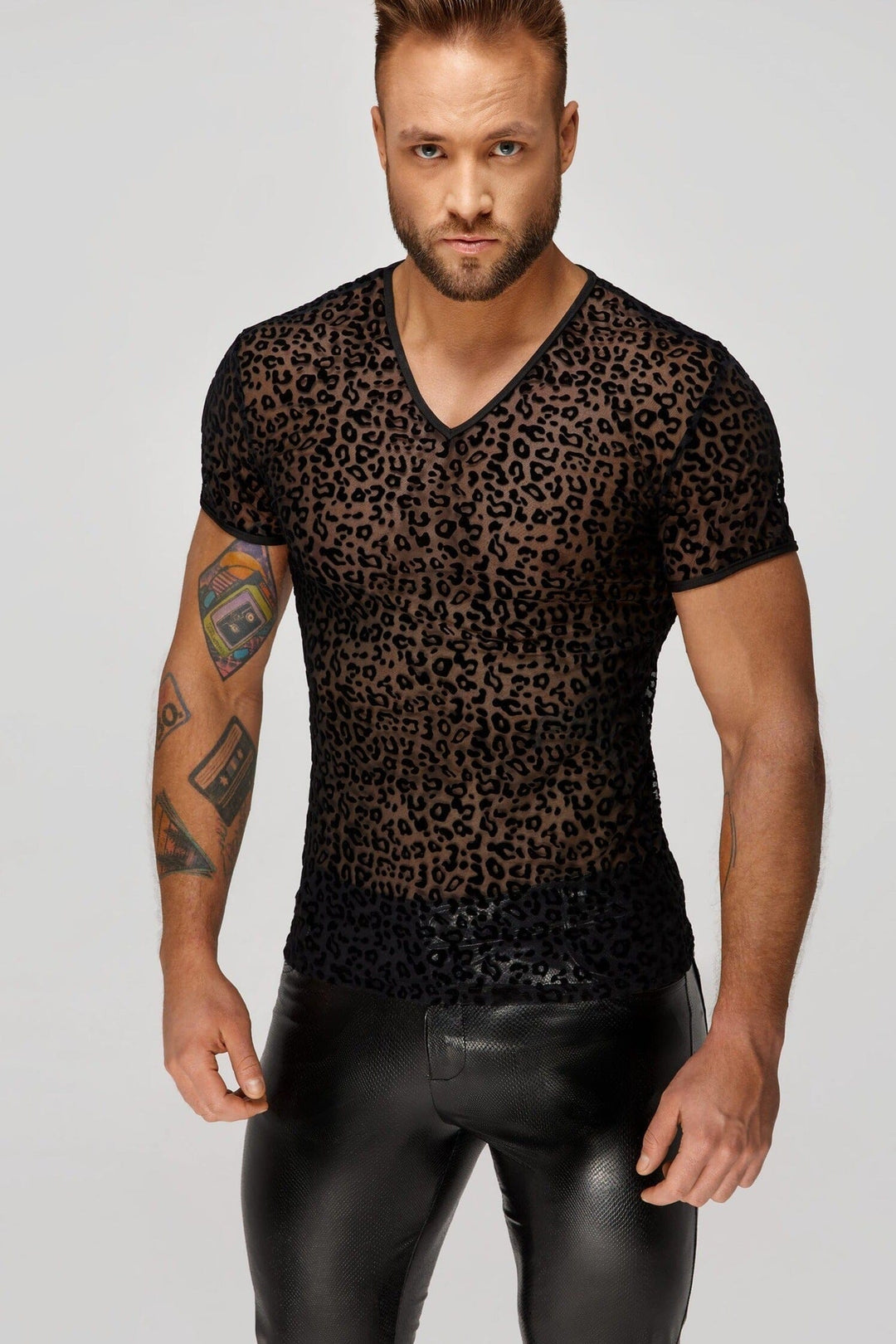 Noir Handmade Leopard Flock V Neck T Shirt in Black  from SexyShoes.com
