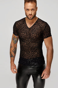 Noir Handmade Leopard Flock V Neck T Shirt in Black  from SexyShoes.com