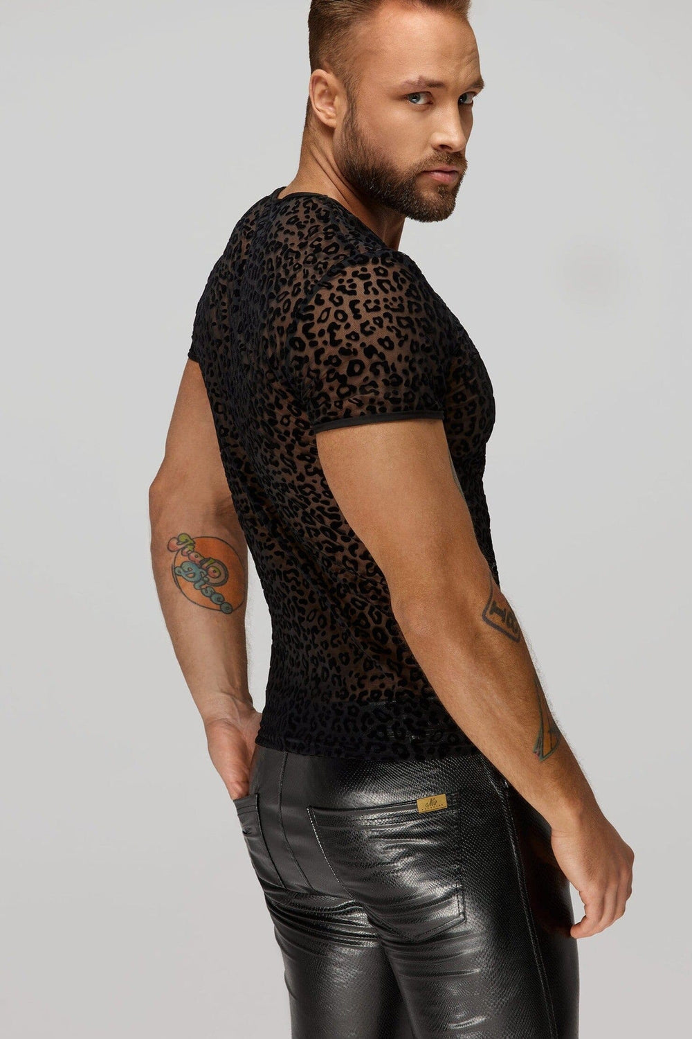 Noir Handmade Leopard Flock V Neck T Shirt in Black 
