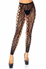Leopard Lace Footless Crotchless Tights With Net Side Panel