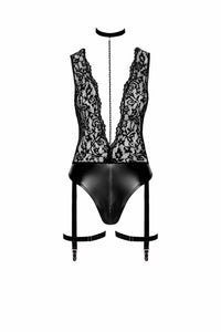 Noir Handmade Libido Deep V Bodysuit With Collar, Pearl Chain And Garter in Black 