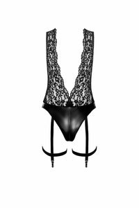 Noir Handmade Libido Deep V Bodysuit With Collar, Pearl Chain And Garter in Black 