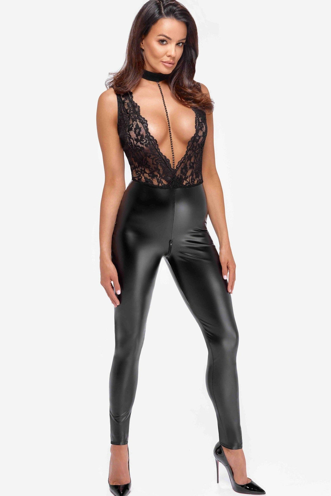 Noir Handmade Libido Deep V Catsuit With Collar And Pearl Chain in Black 