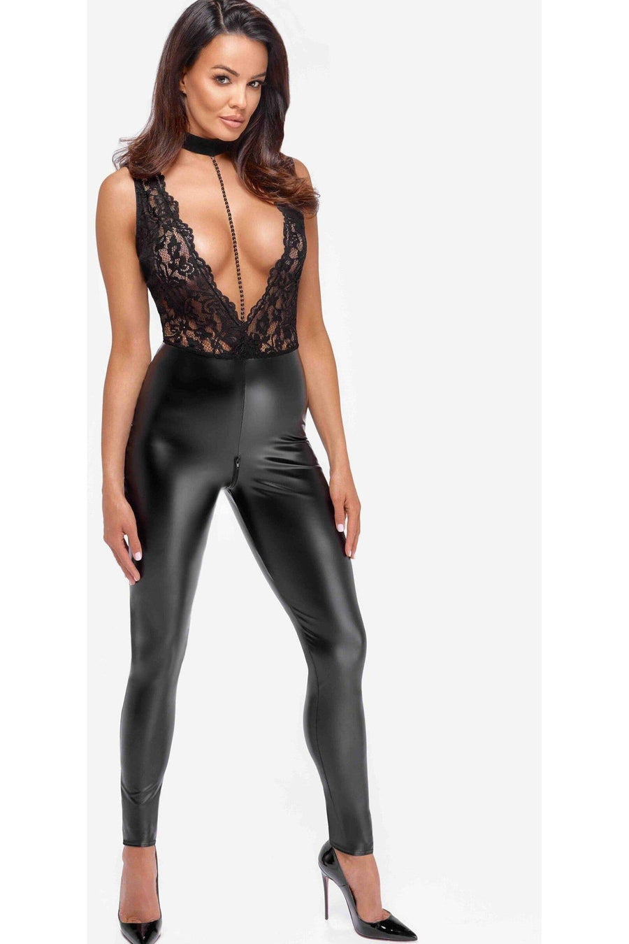 Noir Handmade Libido Deep V Catsuit With Collar And Pearl Chain in Black 