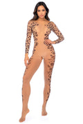 Long Print Sleeve Leopard Mesh Bodystocking