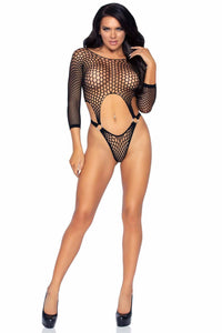 Long Sleeve Pothole Suspender Thong Bodysuite W/O-Ring Detail-Bodysuits-SEXYSHOES.COM