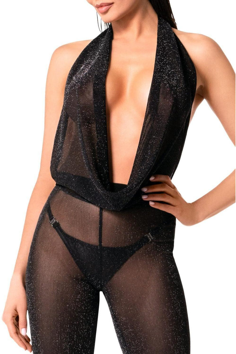 Noir Handmade Luminara Shiny Tulle Jumpsuit in Black 