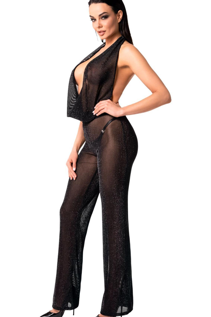 Noir Handmade Luminara Shiny Tulle Jumpsuit in Black 