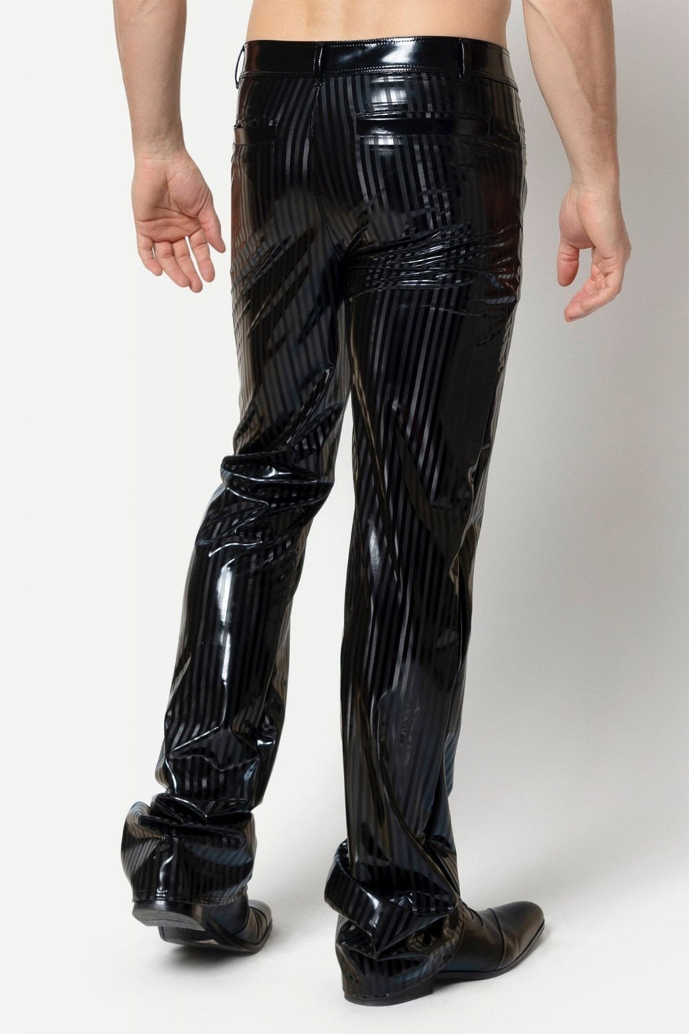 L'HOMME MAGNUS Stripped Vinyl Trousers in Black 