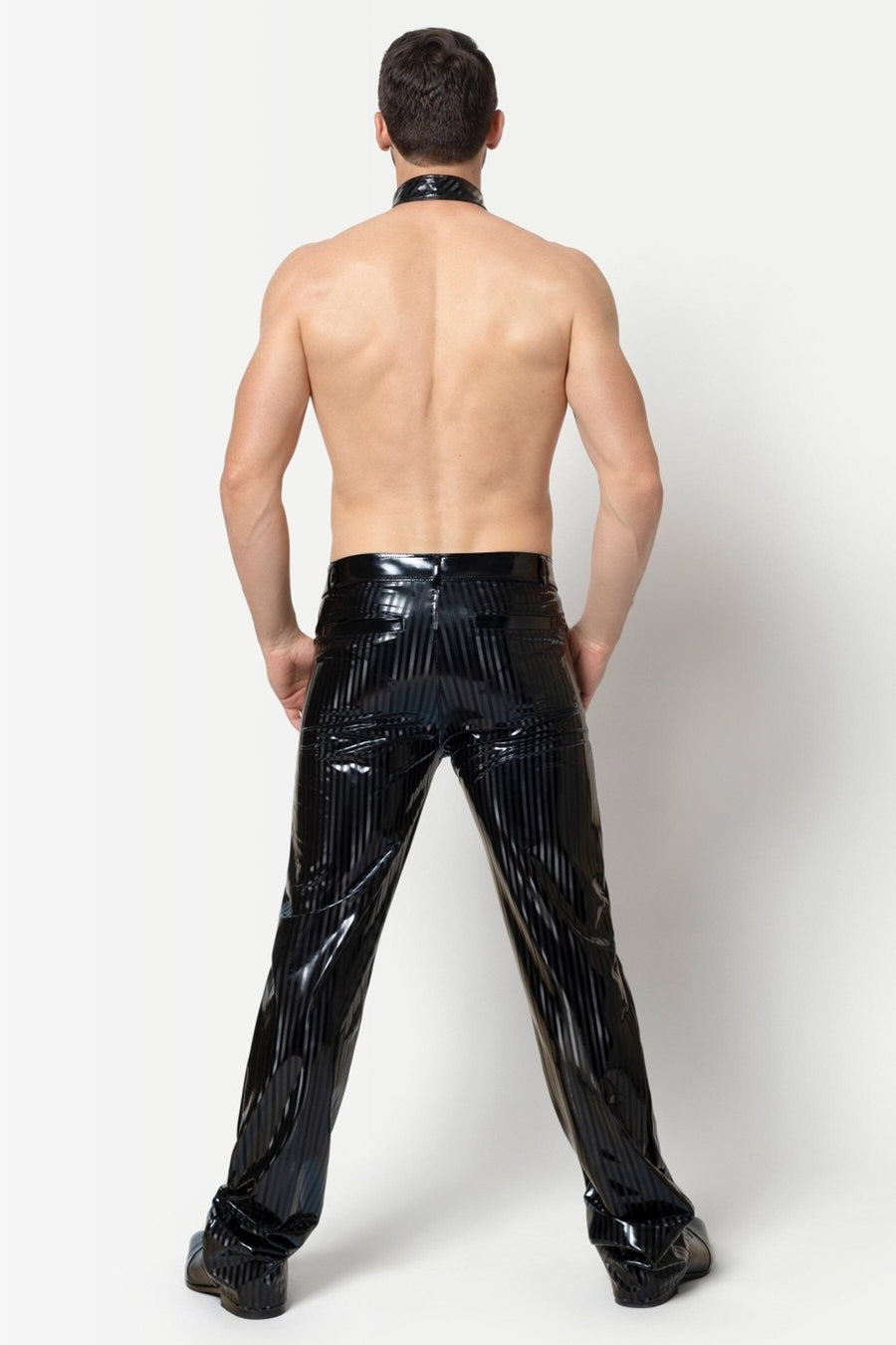 L'HOMME MAGNUS Stripped Vinyl Trousers in Black 
