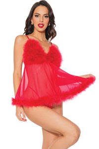 Coquette Marabou & Mesh Teddy and G String in Red 