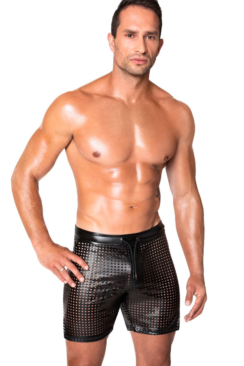 Noir Handmade Mayhem Power Wetlook Lasercut Shorts in Black 