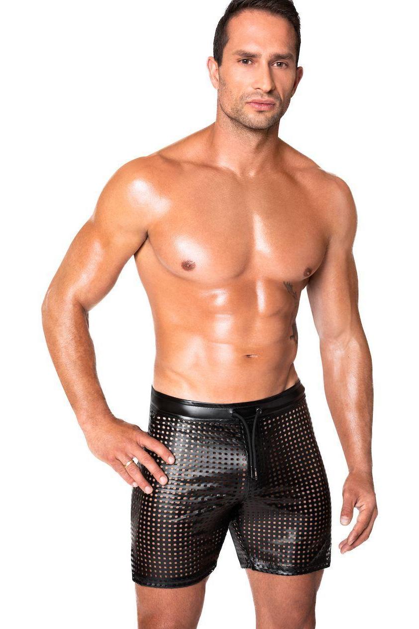 Noir Handmade Mayhem Power Wetlook Lasercut Shorts in Black 