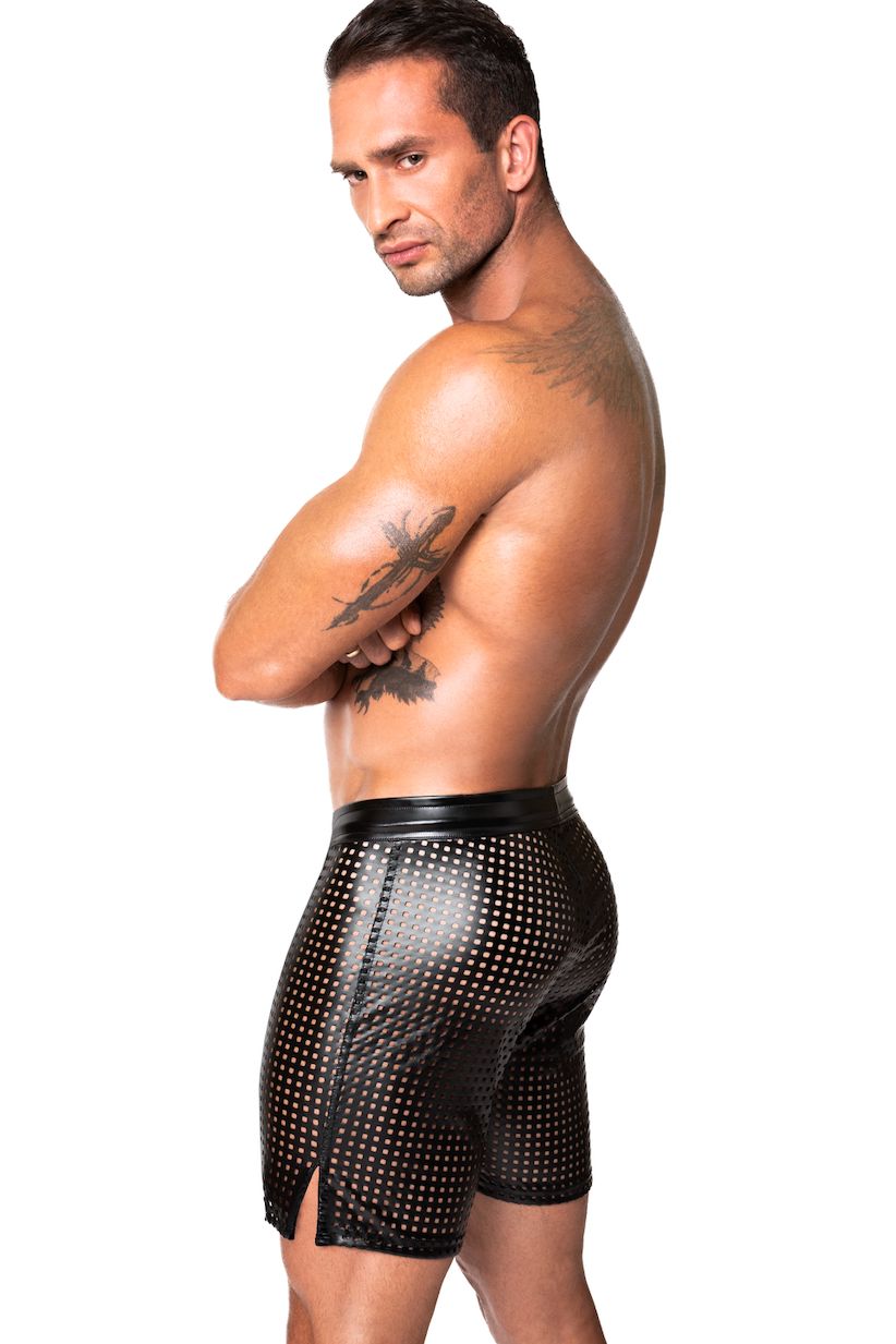 Noir Handmade Mayhem Power Wetlook Lasercut Shorts in Black 