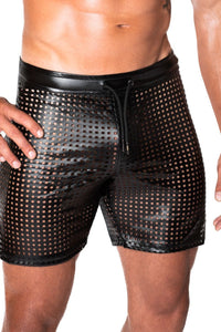 Noir Handmade Mayhem Power Wetlook Lasercut Shorts in Black 