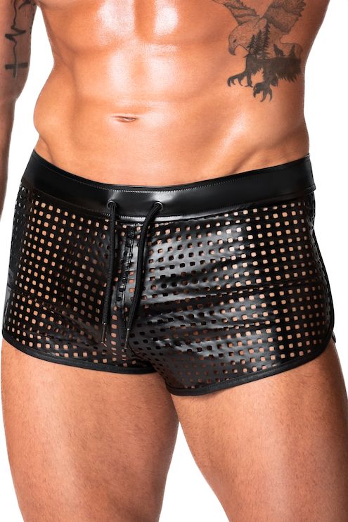 Noir Handmade Mayhem Power Wetlook Lasercut Shorts in Black 
