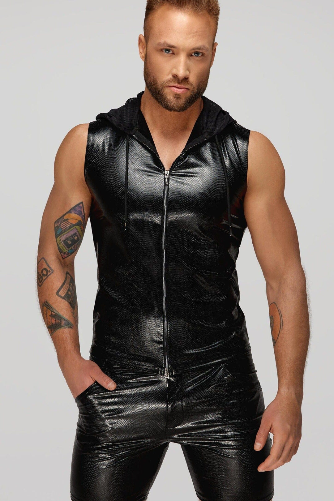 Noir Handmade Men's Snake Wetlook Sleeveless Zip Up Top With Sheer Hood in Black  from SexyShoes.com