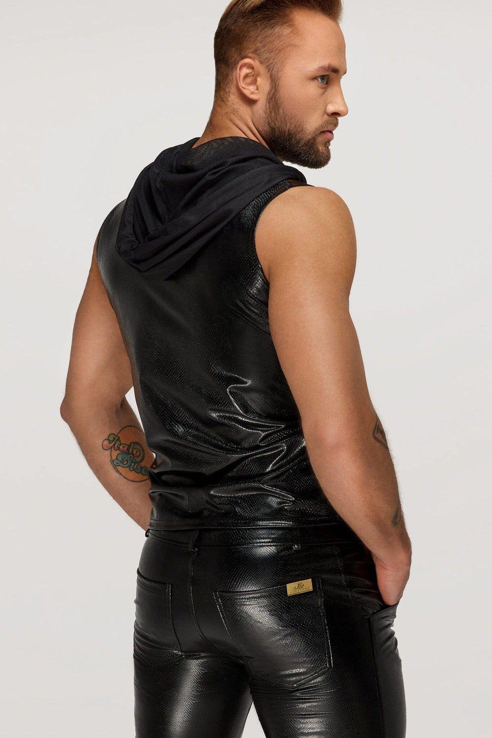 Noir Handmade Men's Snake Wetlook Sleeveless Zip Up Top With Sheer Hood in Black 