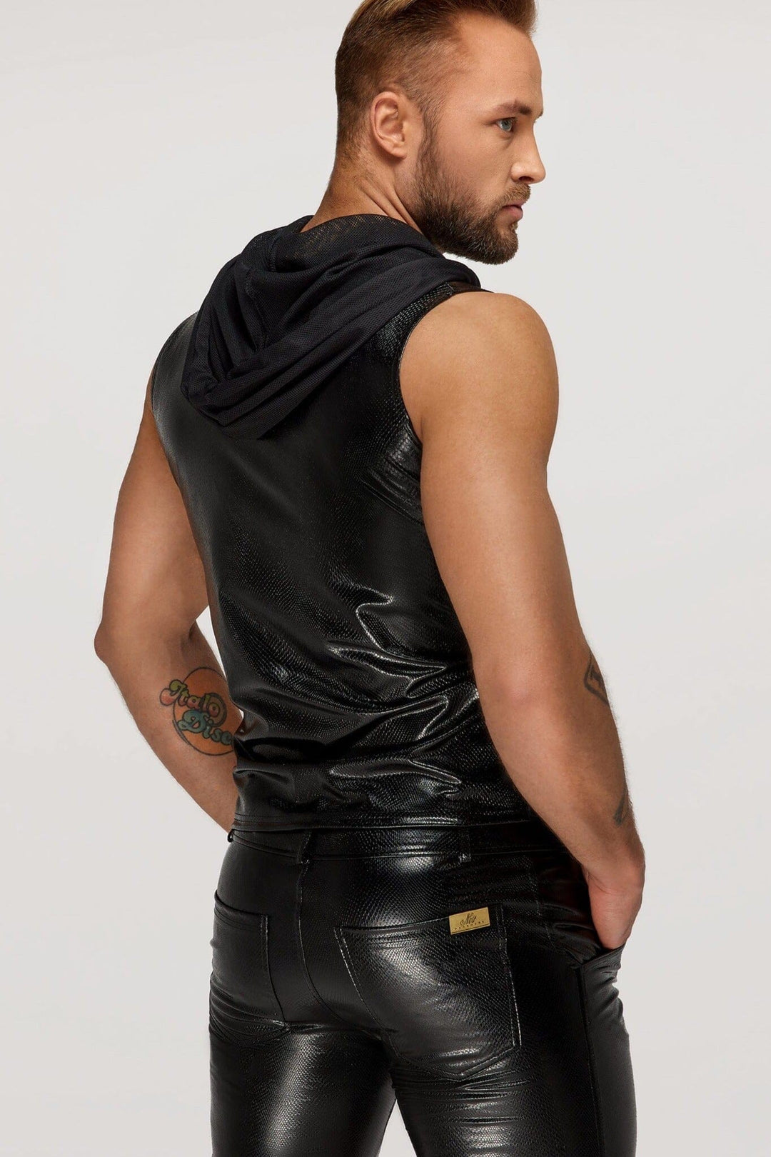 Noir Handmade Men's Snake Wetlook Sleeveless Zip Up Top With Sheer Hood in Black 