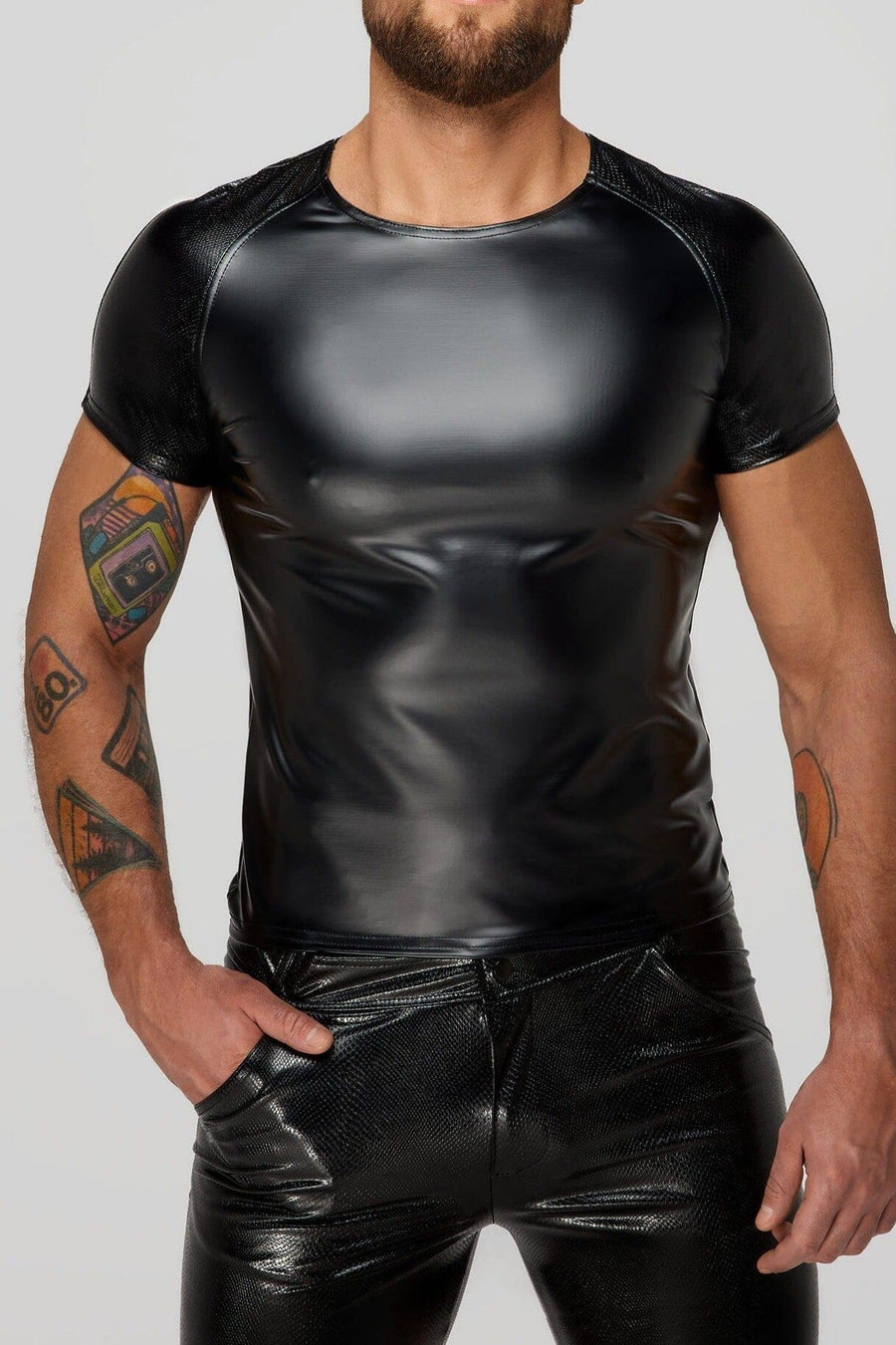 Noir Handmade Men's Wetlook T Shirt With Snake Wetlook Sleeves in Black 