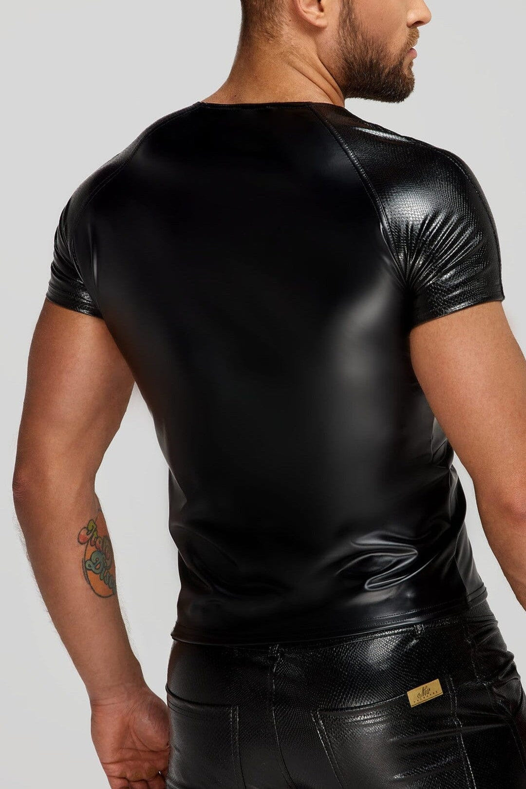 Noir Handmade Men's Wetlook T Shirt With Snake Wetlook Sleeves in Black 