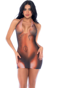 Mapale Mesh Halter Dress with Illusion Print in Nude  from SexyShoes.com