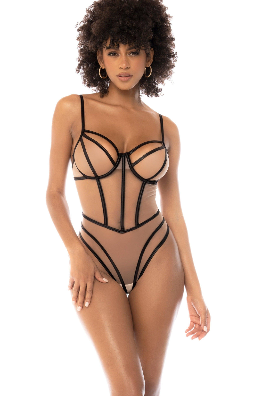 Mesh with Contrasting Linework Underwired Bodysuit - SEXYSHOES.COM