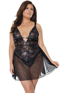 Coquette Metallic Floral Lace Babydoll and G String in Black 