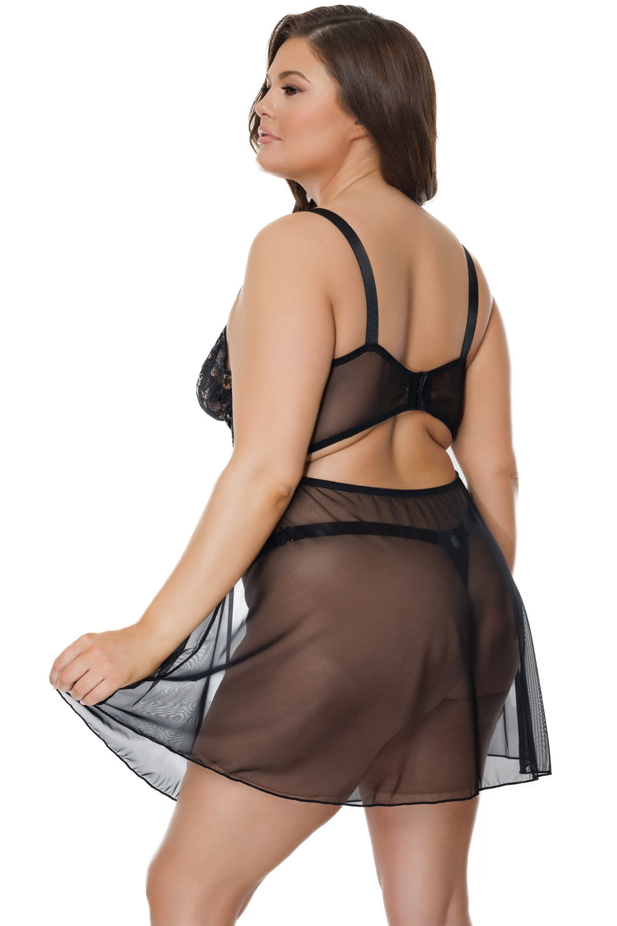 Coquette Metallic Floral Lace Babydoll and G String in Black 