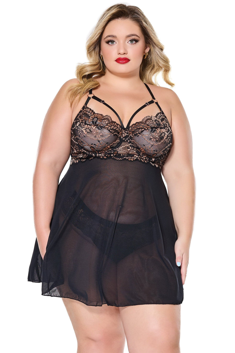 Coquette Metallic Lace Babydoll and Thong in Black 