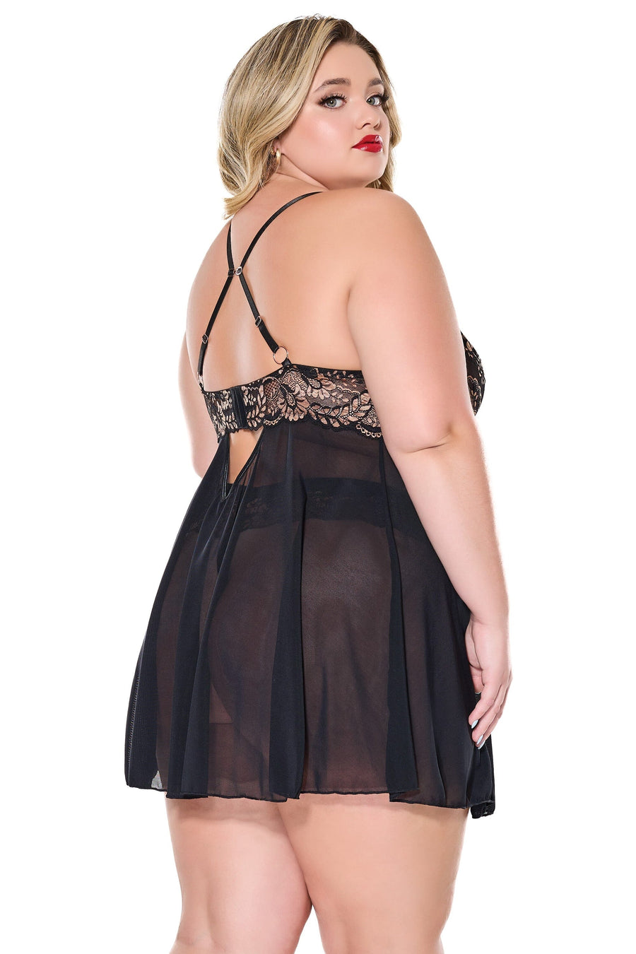 Coquette Metallic Lace Babydoll and Thong in Black 