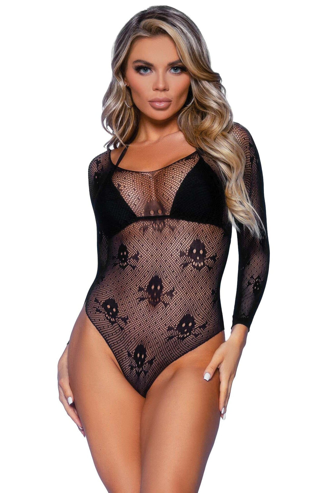 Micro Net Snap Crotch Skull Bodysuit-Bodysuits-SEXYSHOES.COM