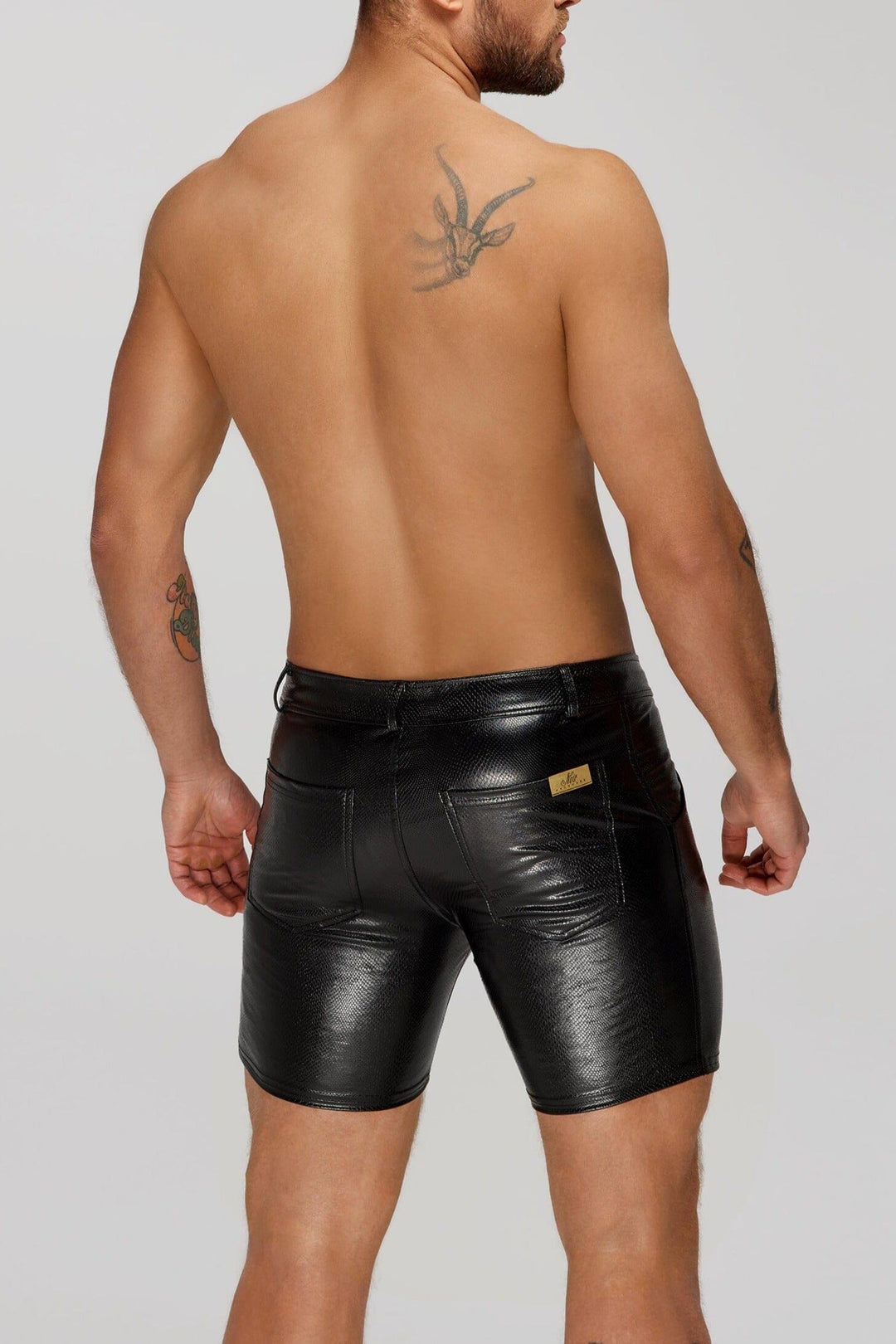 Noir Handmade Mid Length Shorts Of Snake Wetlook With Back Pockets in Black 