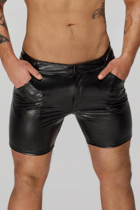 Noir Handmade Mid Length Shorts Of Snake Wetlook With Back Pockets in Black 