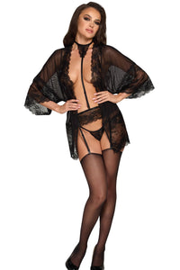 Midnight Kiss Black Tulle And Lace Kimono-Gowns + Robes-SEXYSHOES.COM