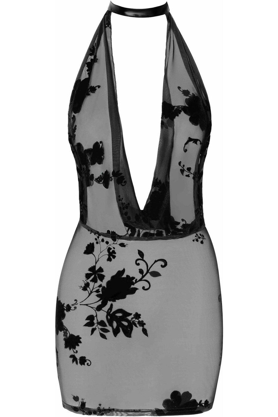 Noir Handmade Mythos Mini Flocked Mesh Dress With Jewelry Rhinestone Chain in Black 