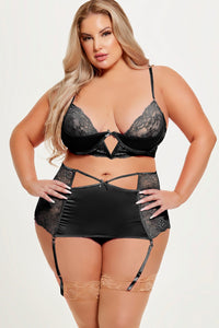 House of Desire Natasha 3 Pc Bra, Garter Skirt & G String Set in Black 