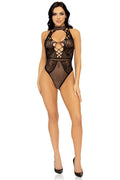 Net And Lace Keyhole Halter Bodysuit